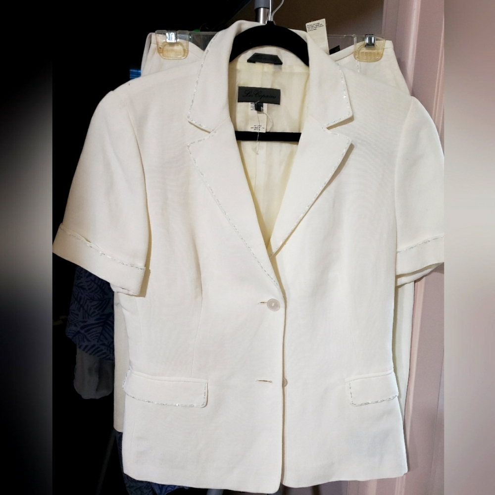 Italian designer skirted suit - white linen/viscose with extensive bead work.
